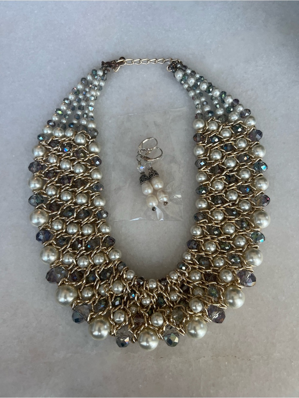 Pearl & Crystal Statement Necklace with Matching Earrings - costume